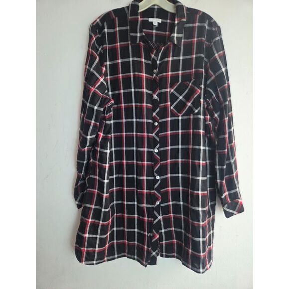 J.Jill  Black Red Plaid 100% Cotton Button Down w/Pockets Tunic Blouse size XL - Picture 8 of 11